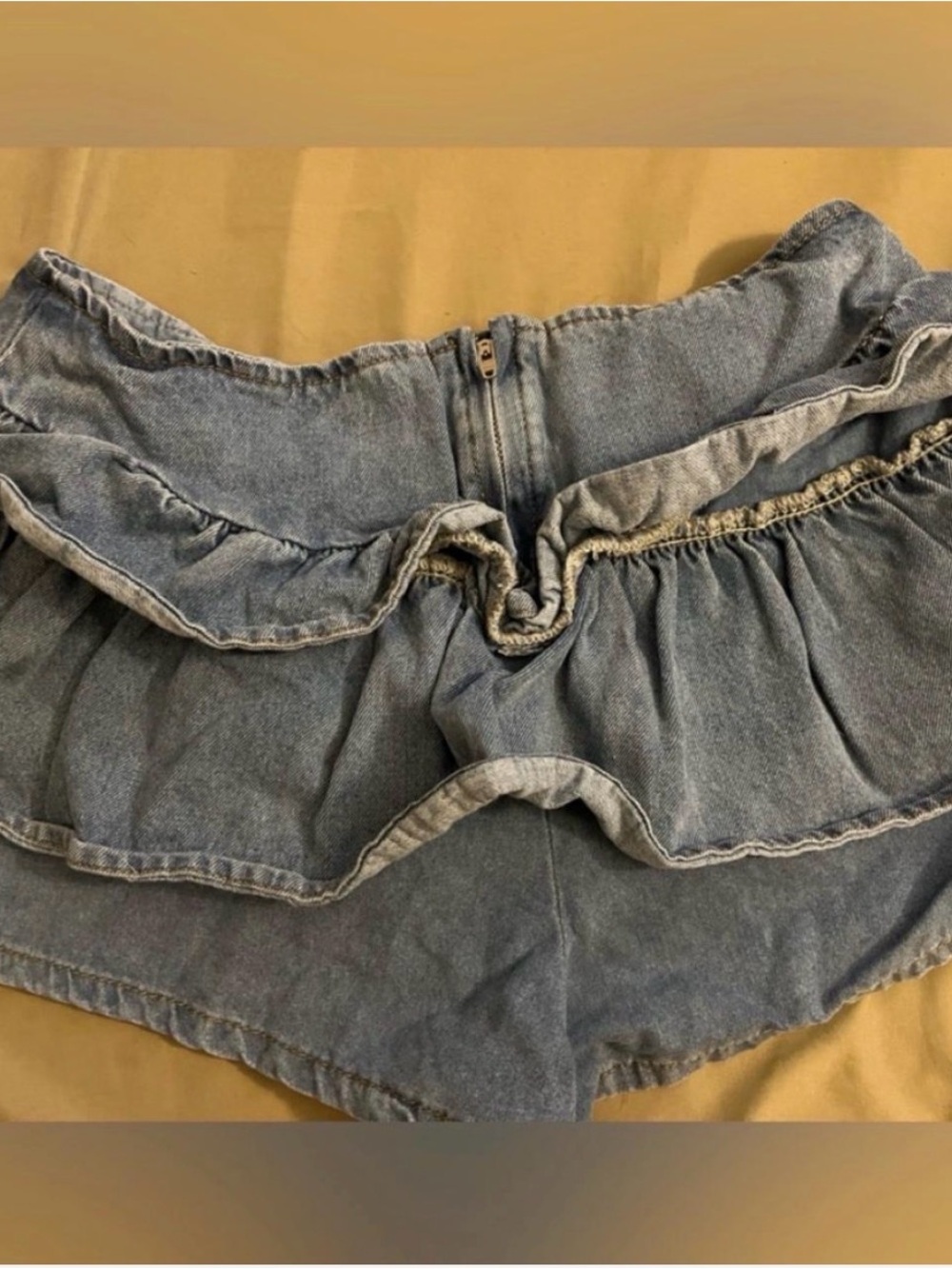 Cider Medium Ruffle Mini Denim Shorts Blue Cheeky Mid Rise Back Zip - Picture 4 of 5